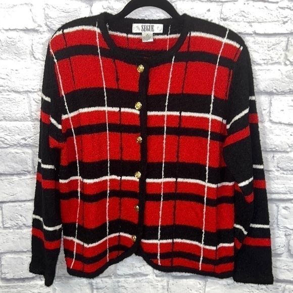 Vintage SEGUE sweater. size medium. plaid black/red/white striped - Picture 1 of 10